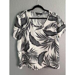 Tahari Linen Tropical Palm Leaf Blouse 1X Print Boxy White Black Pop Over